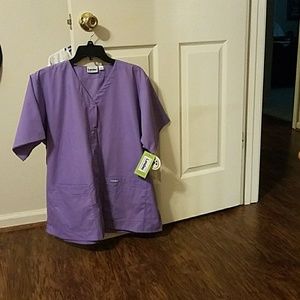 Landau lavender button front scrub top